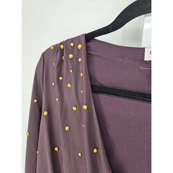 Carmen Marc Valvo Womens Sz M Long Sleeve Blouse Plum Purple Gold Studded - Picture 3 of 4